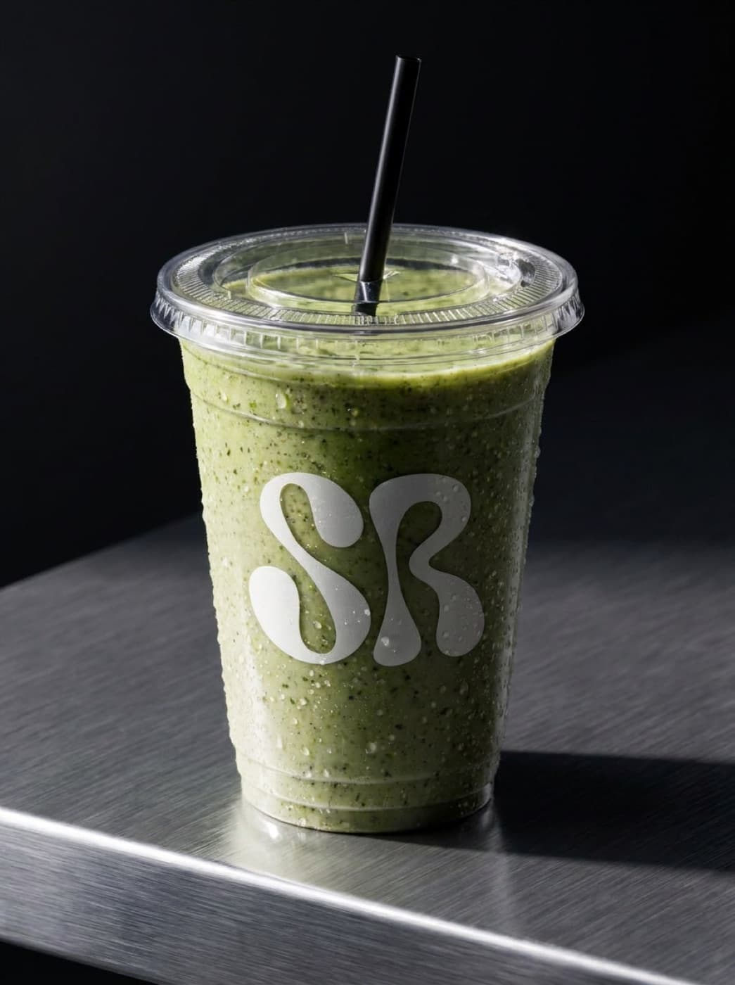 A green shake standing on a brushed steel counter against a dark wall